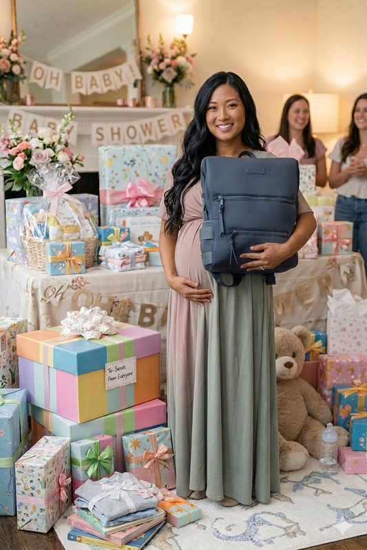 pregnant girl holding a bunso bag with baby shower gifts behind her