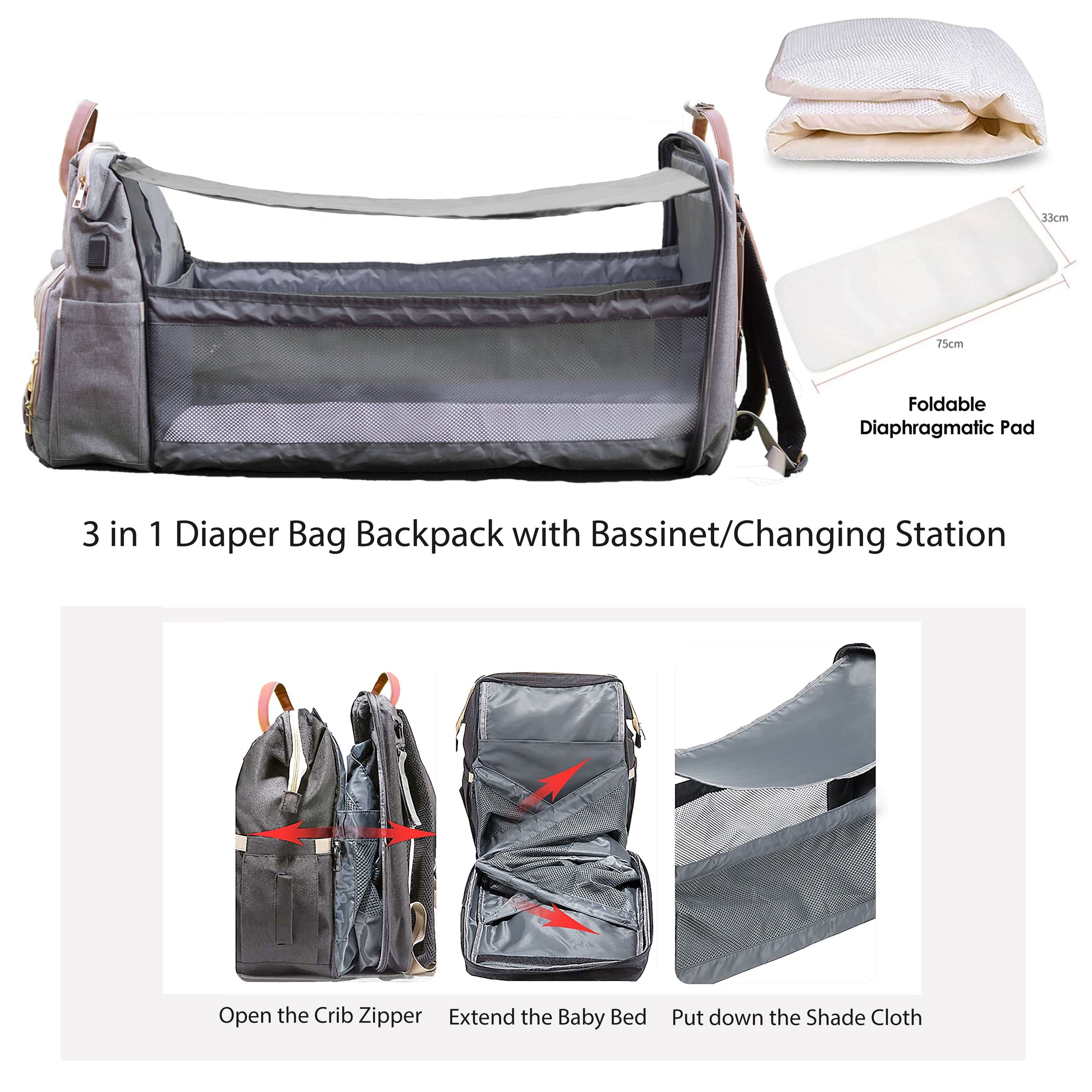3in1 Diaper Bag Backpack Travel Bassinet Foldable Baby Bag Bed Changing  Station
